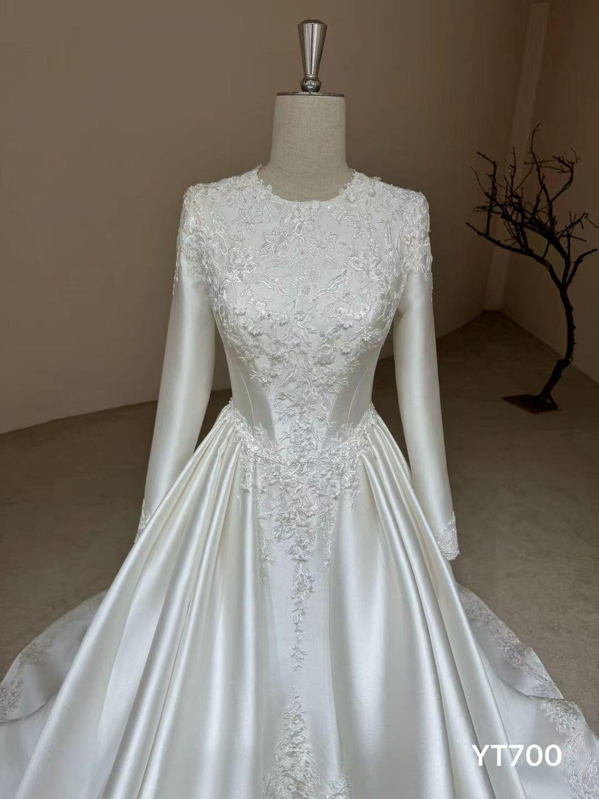Long Sleeve Satin Ballgown Wedding Dress, Round Neck Lace Appliqué Bridal Gown With Cathedral Train