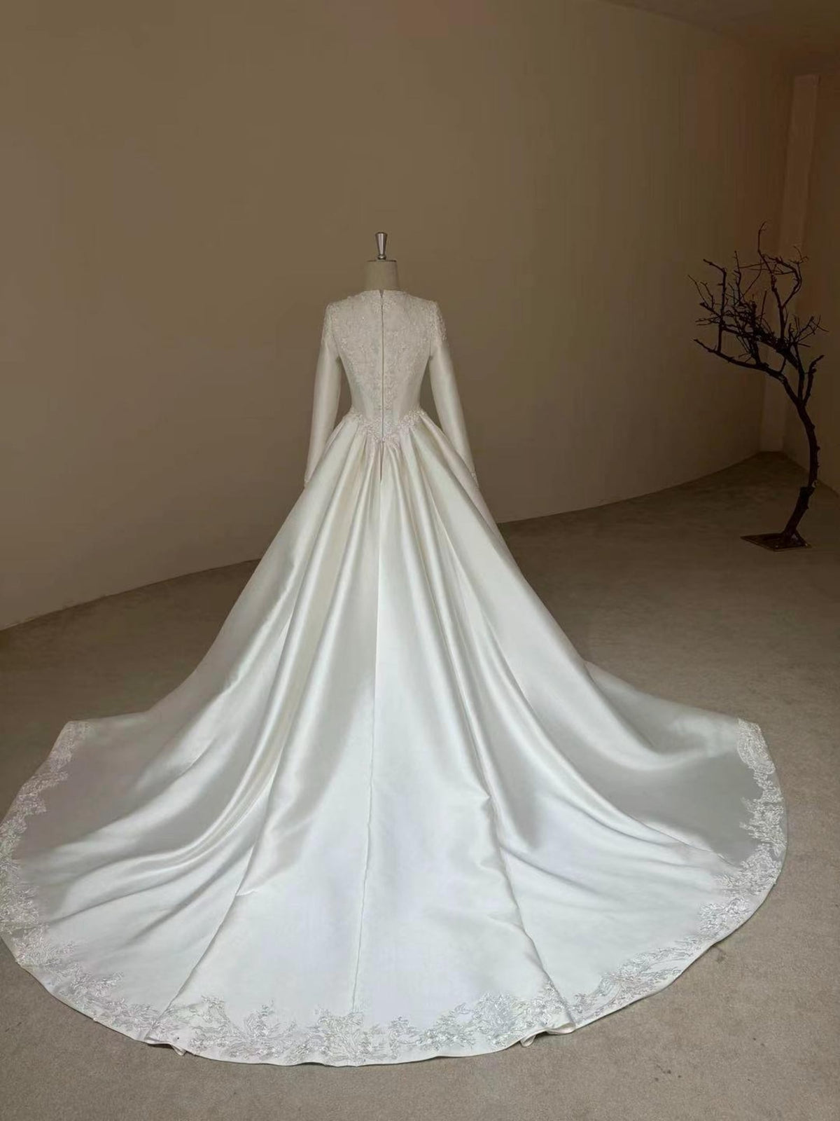 Long Sleeve Satin Ballgown Wedding Dress, Round Neck Lace Appliqué Bridal Gown With Cathedral Train