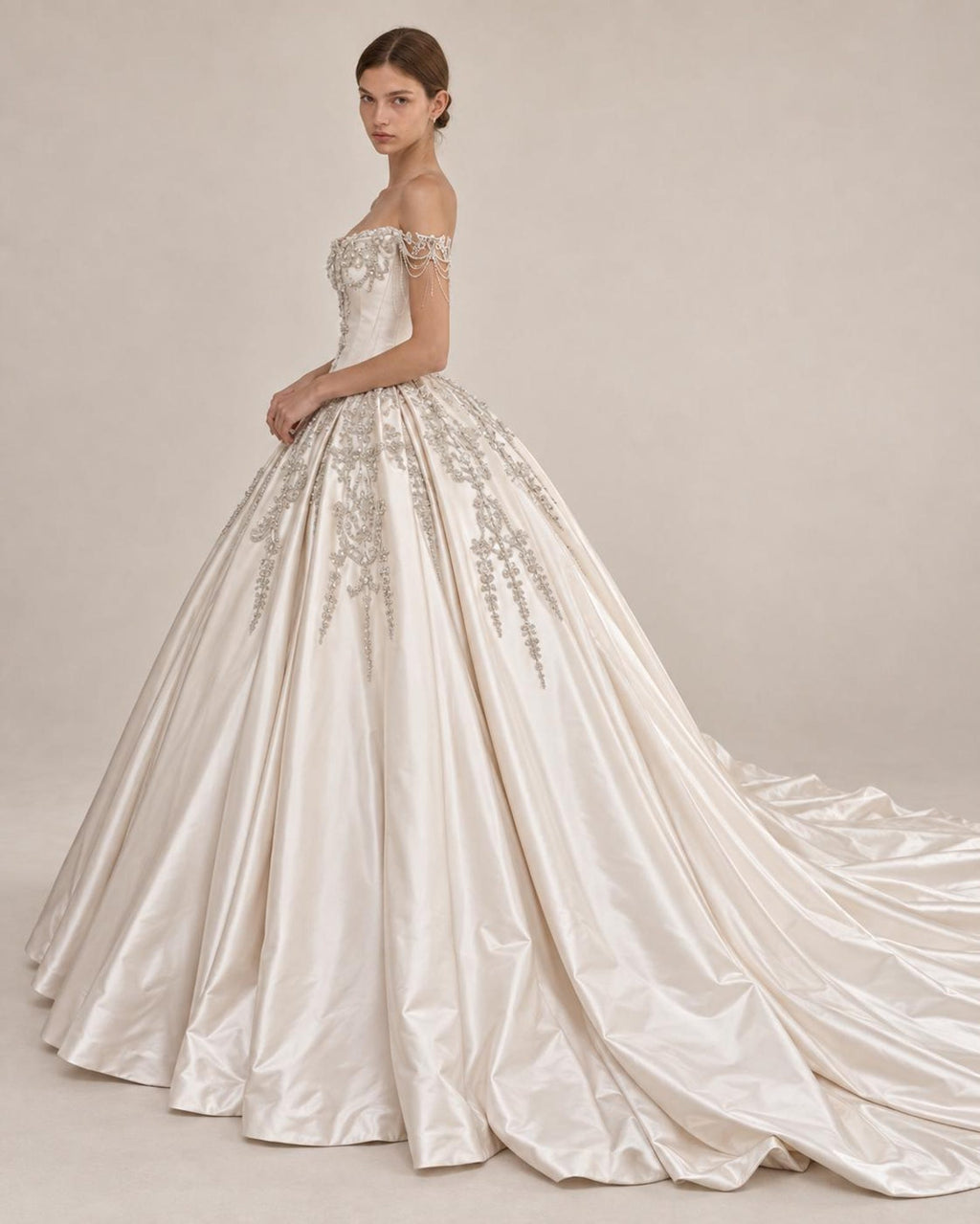 Luxury Satin Ball Gown Wedding Dress, Off Shoulder Beaded Bridal Gown, Cathedral Train Custom Wedding Gown