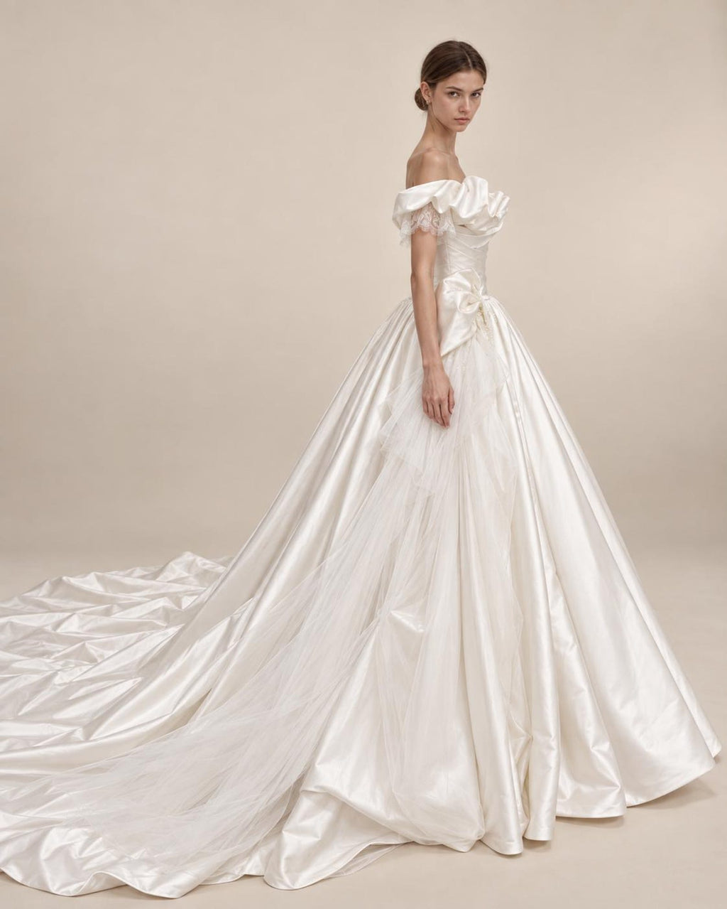 Off Shoulder Ruffled Satin Ball Gown Wedding Dress, Big Bow Bridal Gown With Cathedral Train