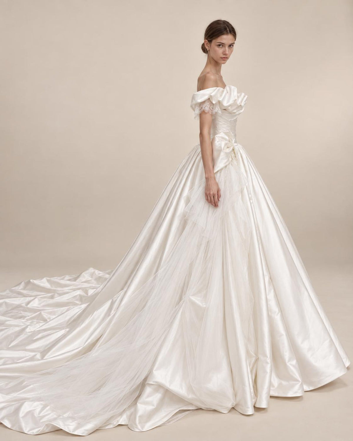 Off Shoulder Ruffled Satin Ball Gown Wedding Dress, Big Bow Bridal Gown With Cathedral Train