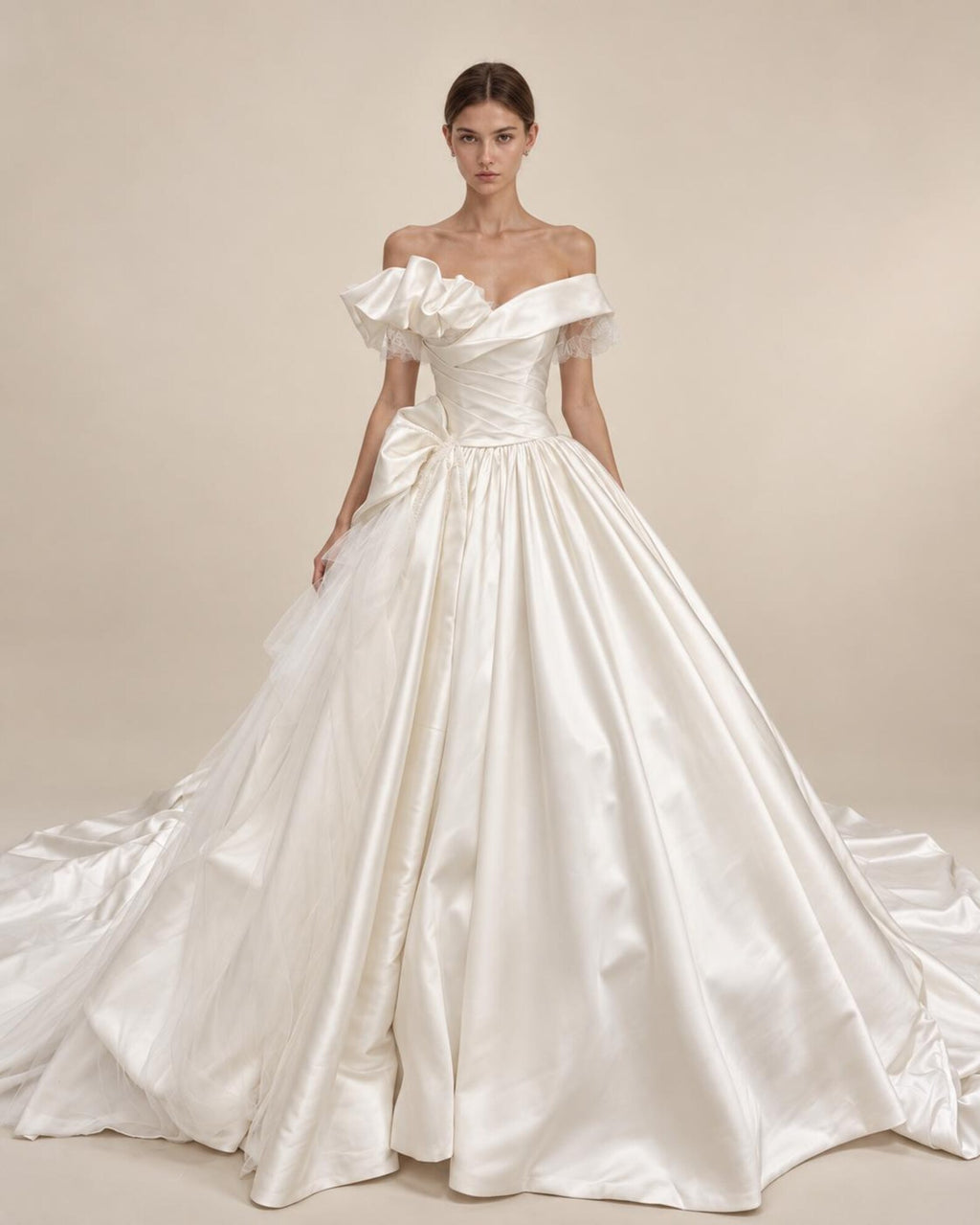Off Shoulder Ruffled Satin Ball Gown Wedding Dress, Big Bow Bridal Gown With Cathedral Train