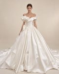 Off Shoulder Ruffled Satin Ball Gown Wedding Dress, Big Bow Bridal Gown With Cathedral Train