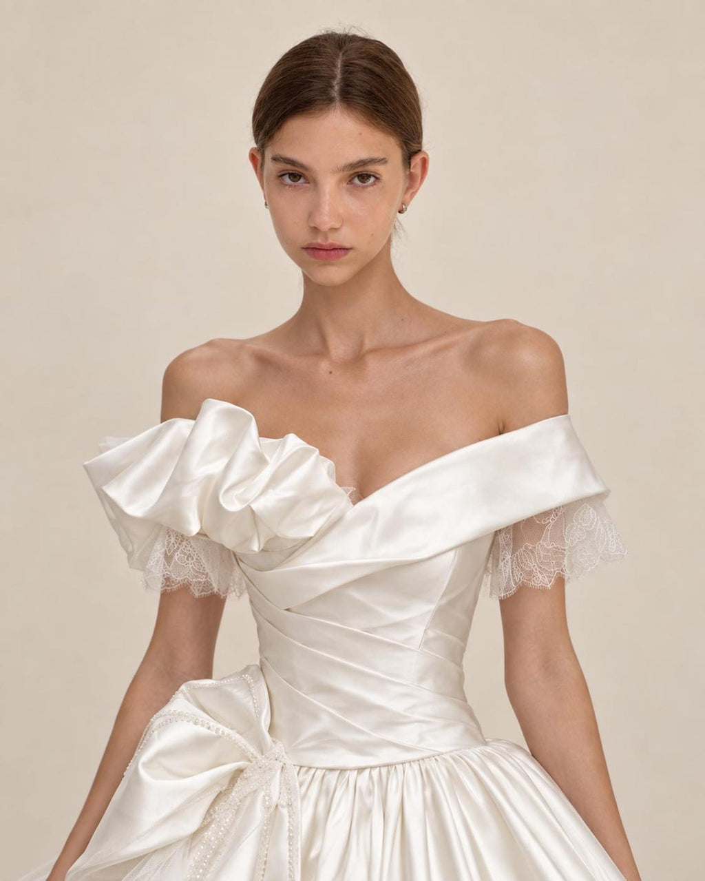 Off Shoulder Ruffled Satin Ball Gown Wedding Dress, Big Bow Bridal Gown With Cathedral Train