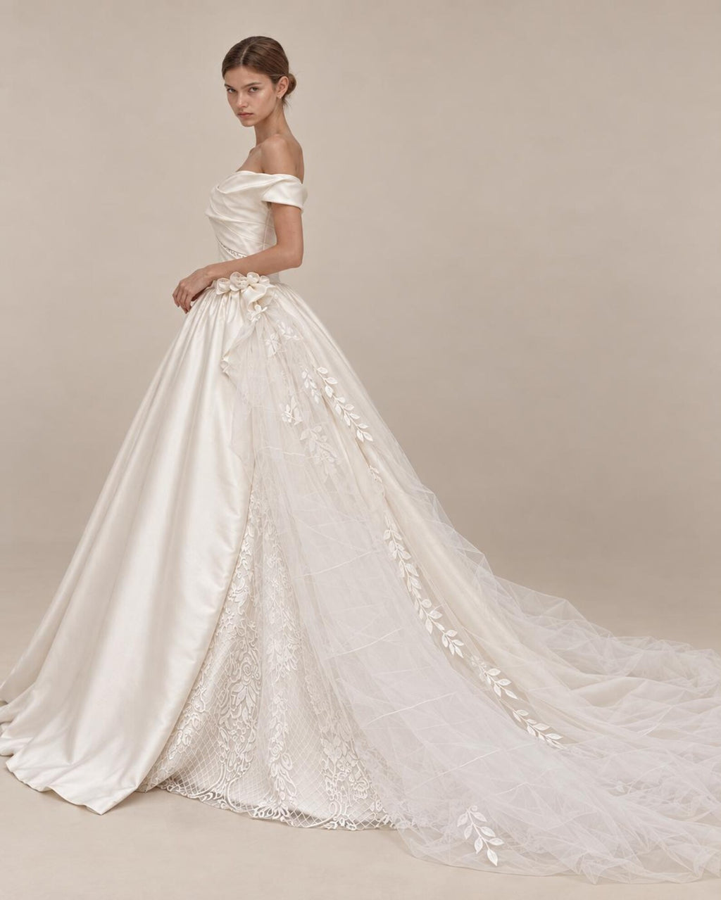 Strapless Draped Satin Ball Gown Wedding Dress, 3D Floral Tulle Bridal Gown With Cathedral Train