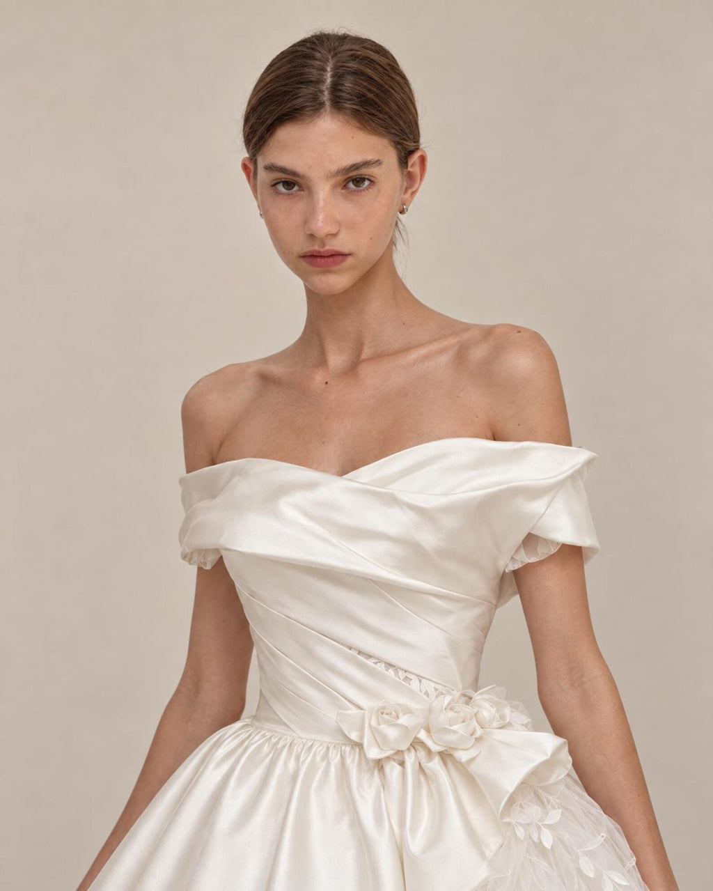 Strapless Draped Satin Ball Gown Wedding Dress, 3D Floral Tulle Bridal Gown With Cathedral Train