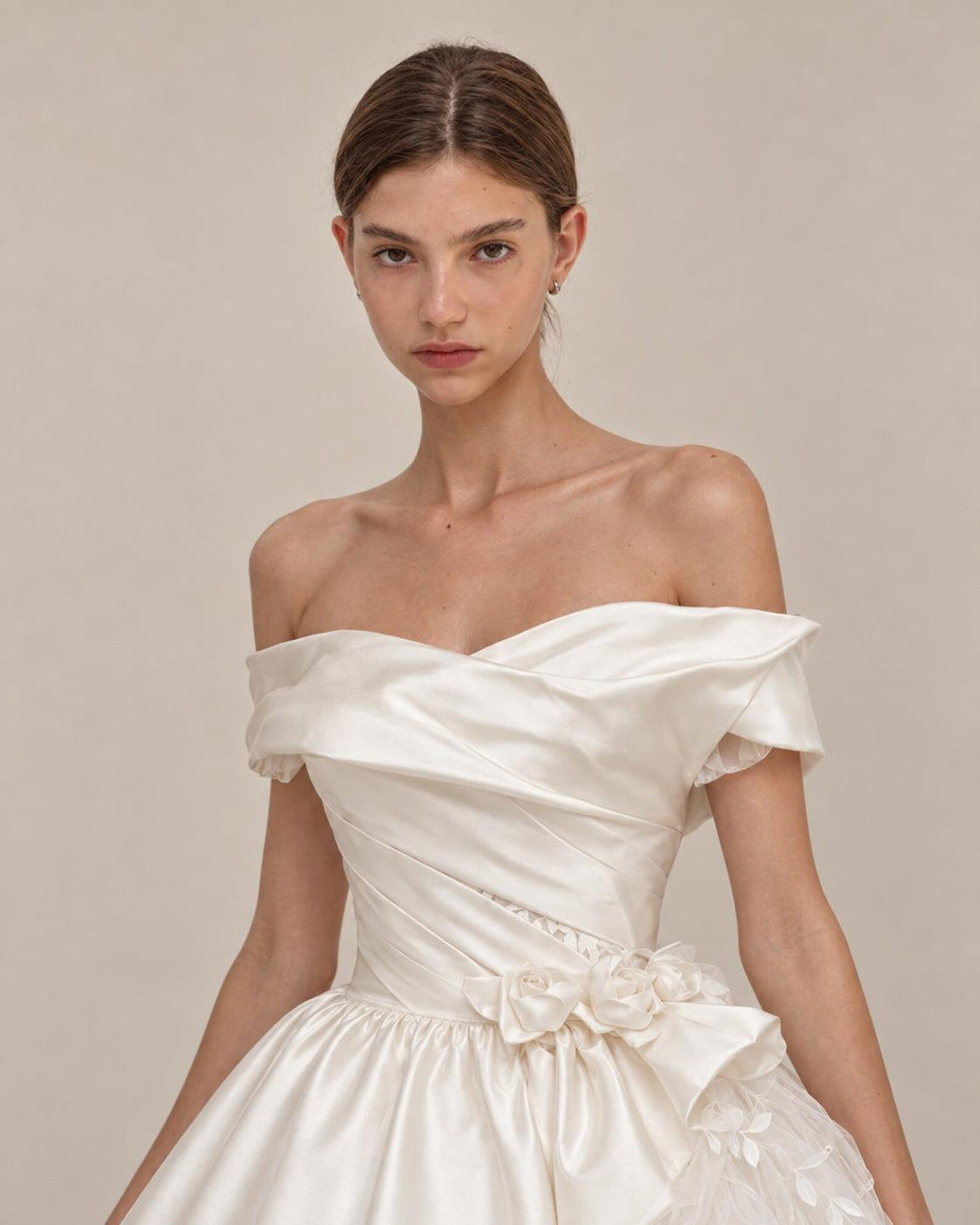 Strapless Draped Satin Ball Gown Wedding Dress, 3D Floral Tulle Bridal Gown With Cathedral Train