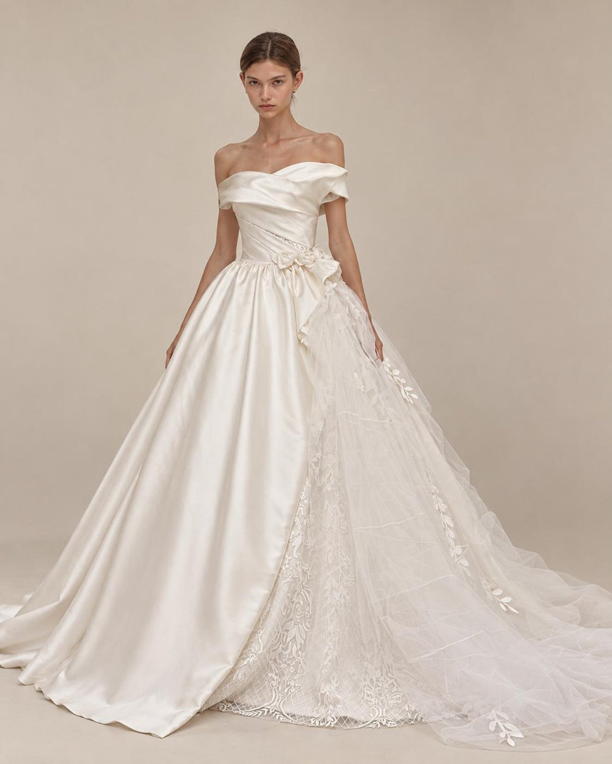 Strapless Draped Satin Ball Gown Wedding Dress, 3D Floral Tulle Bridal Gown With Cathedral Train