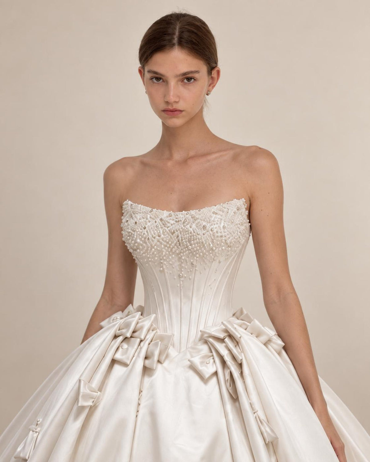 Strapless Satin Ballgown Wedding Dress, Beaded Corset Bridal Gown, Bow Details Luxury Wedding Gown, Princess Wedding Dress with Train