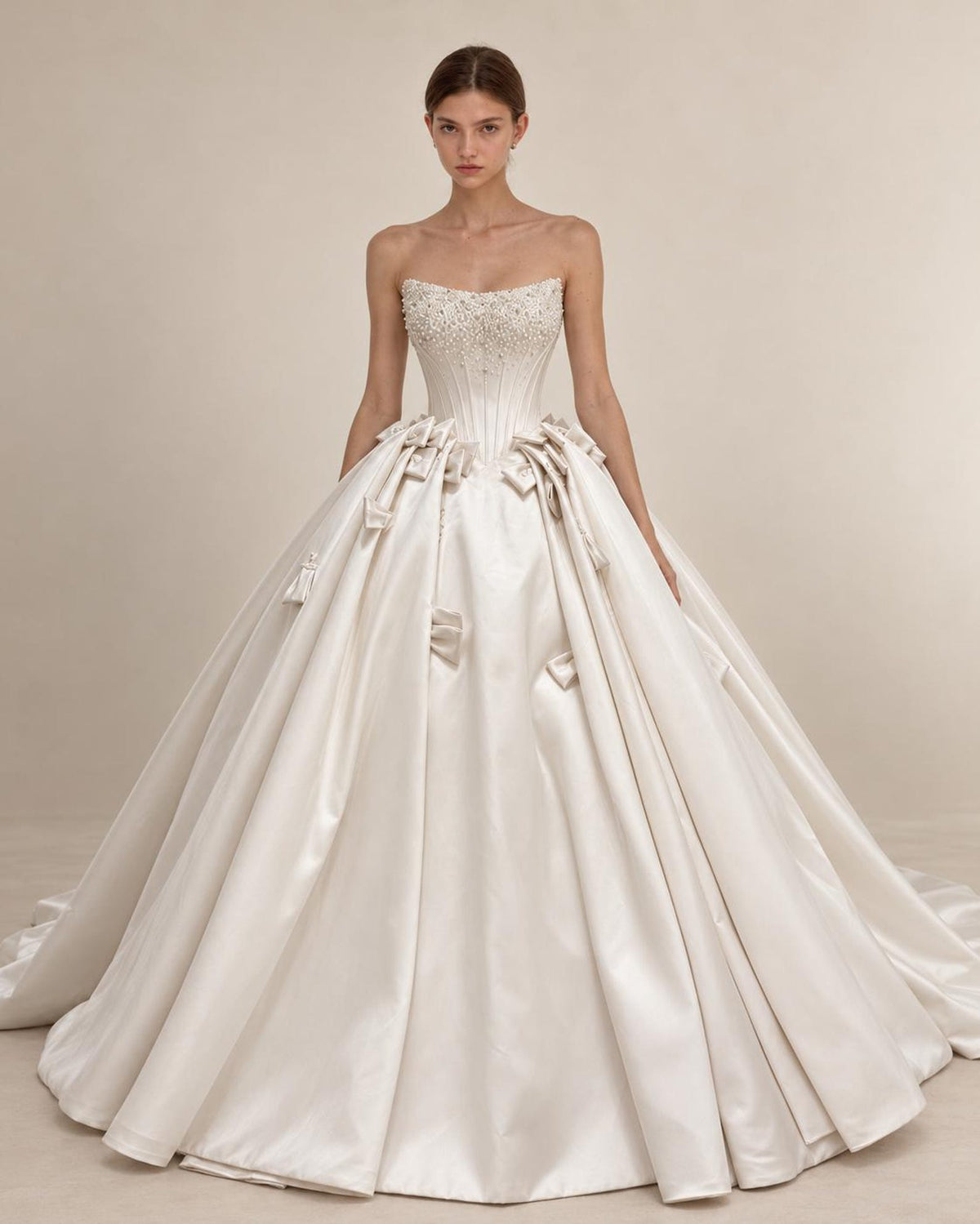 Strapless Satin Ballgown Wedding Dress, Beaded Corset Bridal Gown, Bow Details Luxury Wedding Gown, Princess Wedding Dress with Train
