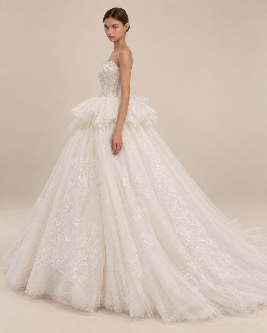 Strapless Lace Tulle Ballgown Wedding Dress, 3D Floral Appliqué Bridal Gown, Ruffle Waist Princess Wedding Dress with Train