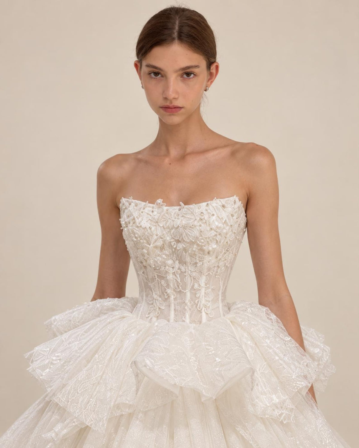 Strapless Lace Tulle Ballgown Wedding Dress, 3D Floral Appliqué Bridal Gown, Ruffle Waist Princess Wedding Dress with Train