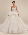 Strapless Lace Tulle Ballgown Wedding Dress, 3D Floral Appliqué Bridal Gown, Ruffle Waist Princess Wedding Dress with Train