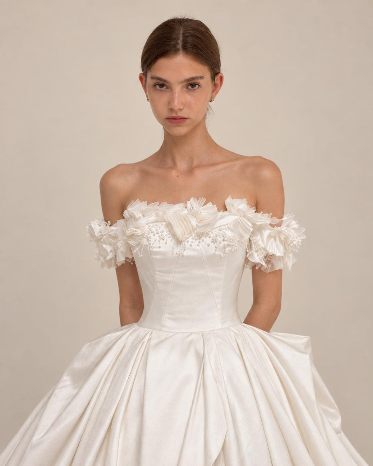 Off Shoulder Satin Wedding Dress, 3D Floral Ball Gown Bridal Gown with Train, Luxury Handmade Wedding Gown