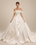 Off Shoulder Satin Wedding Dress, 3D Floral Ball Gown Bridal Gown with Train, Luxury Handmade Wedding Gown