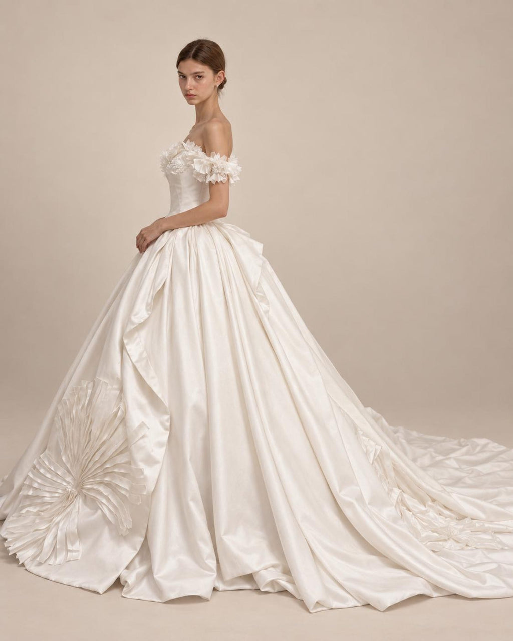 Off Shoulder Satin Wedding Dress, 3D Floral Ball Gown Bridal Gown with Train, Luxury Handmade Wedding Gown