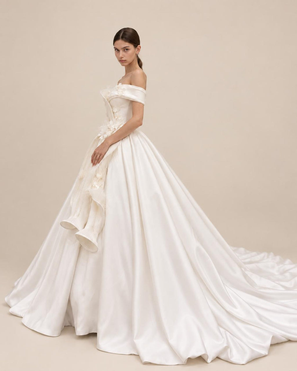 Off Shoulder Satin Ballgown Wedding Dress, 3D Floral & Feather Bridal Gown, Luxury Cathedral Train Wedding Gown
