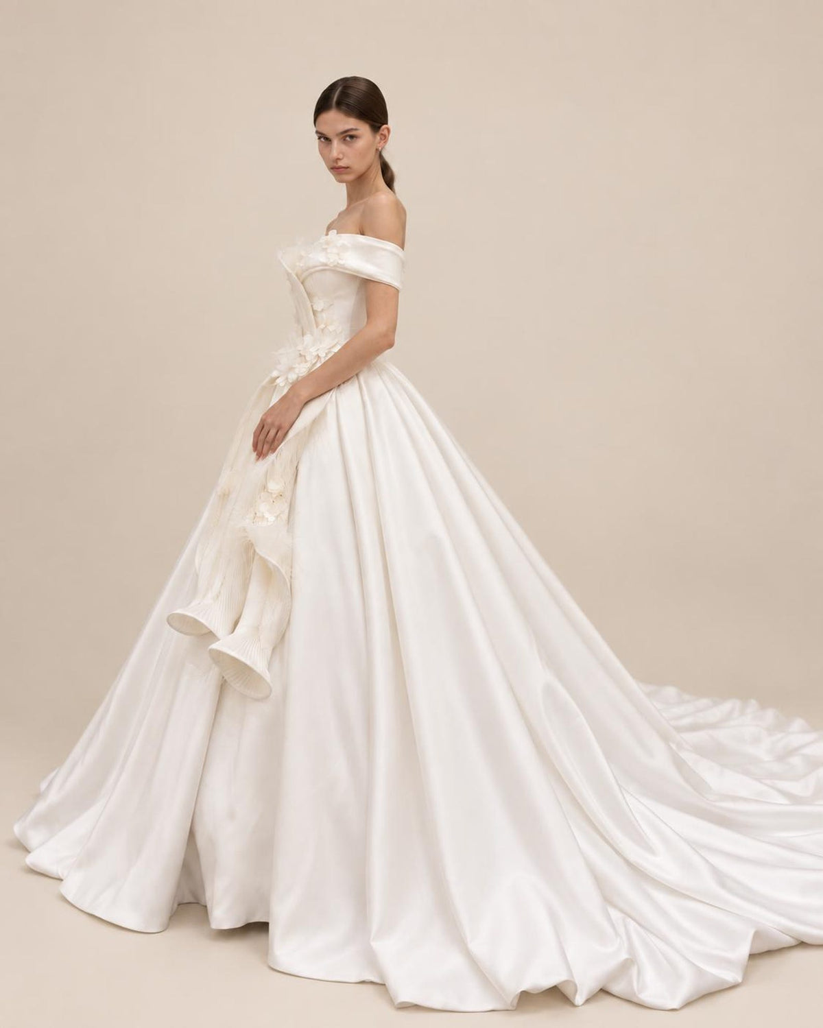 Off Shoulder Satin Ballgown Wedding Dress, 3D Floral & Feather Bridal Gown, Luxury Cathedral Train Wedding Gown