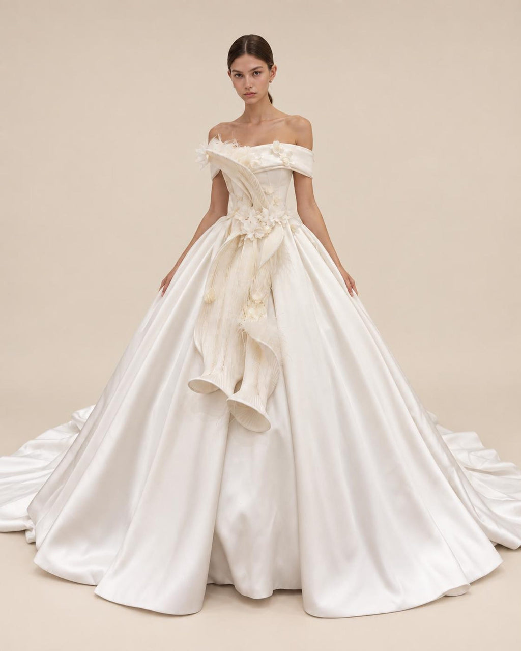 Off Shoulder Satin Ballgown Wedding Dress, 3D Floral & Feather Bridal Gown, Luxury Cathedral Train Wedding Gown