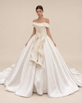Off Shoulder Satin Ballgown Wedding Dress, 3D Floral & Feather Bridal Gown, Luxury Cathedral Train Wedding Gown
