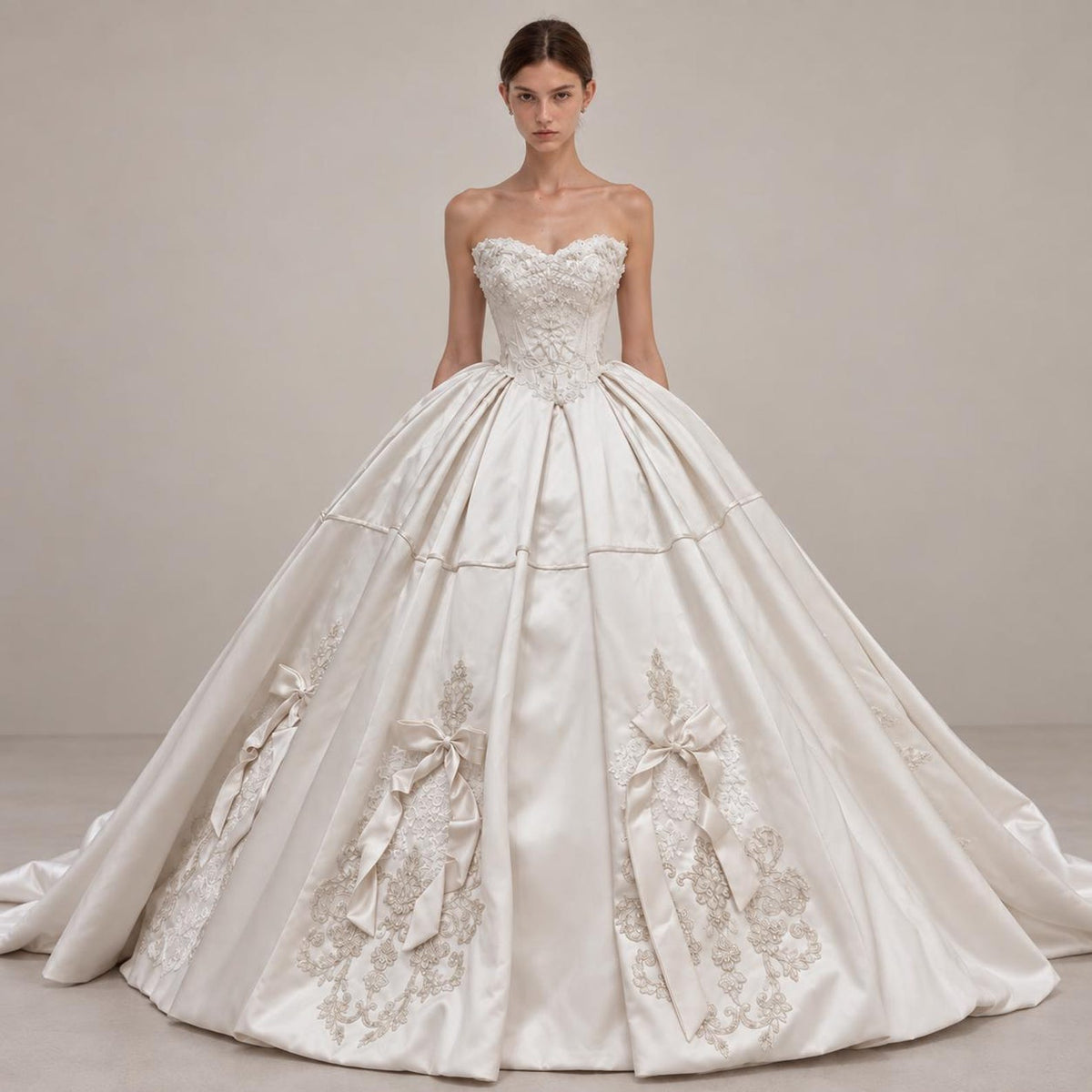 Sweetheart Satin Ballgown Wedding Dress, Lace & Bow Bridal Gown, Luxury Cathedral Train Wedding Gown