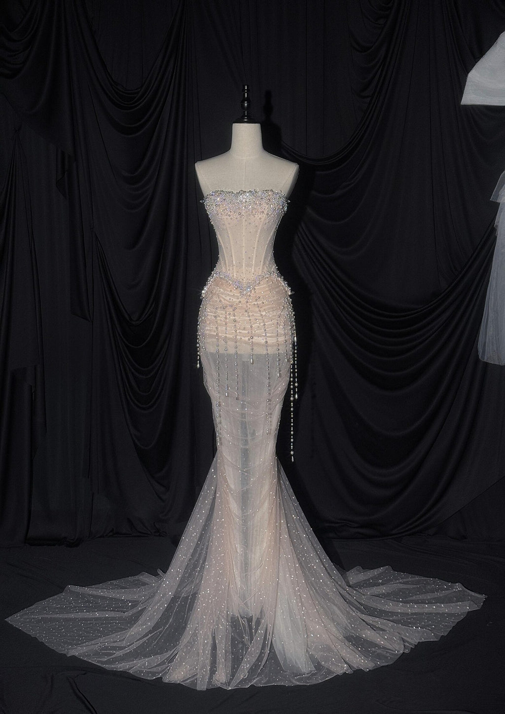 Luxury Beaded Mermaid Wedding Dress, Strapless Corset Sheer Tulle Bridal Gown with Dangling Pearl Chains, Cathedral Train
