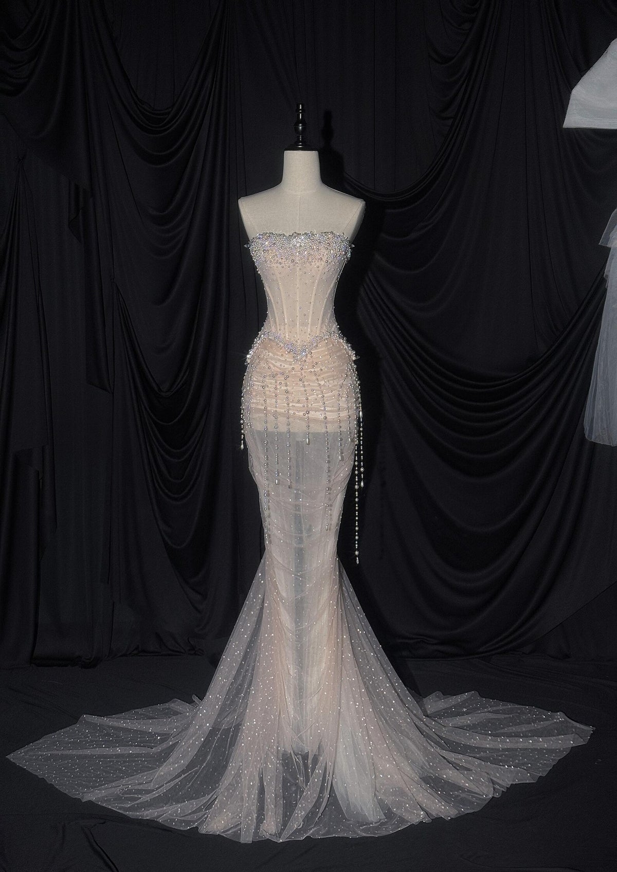 Luxury Beaded Mermaid Wedding Dress, Strapless Corset Sheer Tulle Bridal Gown with Dangling Pearl Chains, Cathedral Train