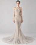 Luxury Beaded Mermaid Wedding Dress, Strapless Corset Sheer Tulle Bridal Gown with Dangling Pearl Chains, Cathedral Train