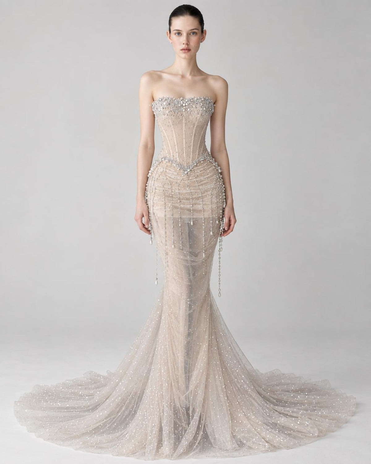 Luxury Beaded Mermaid Wedding Dress, Strapless Corset Sheer Tulle Bridal Gown with Dangling Pearl Chains, Cathedral Train