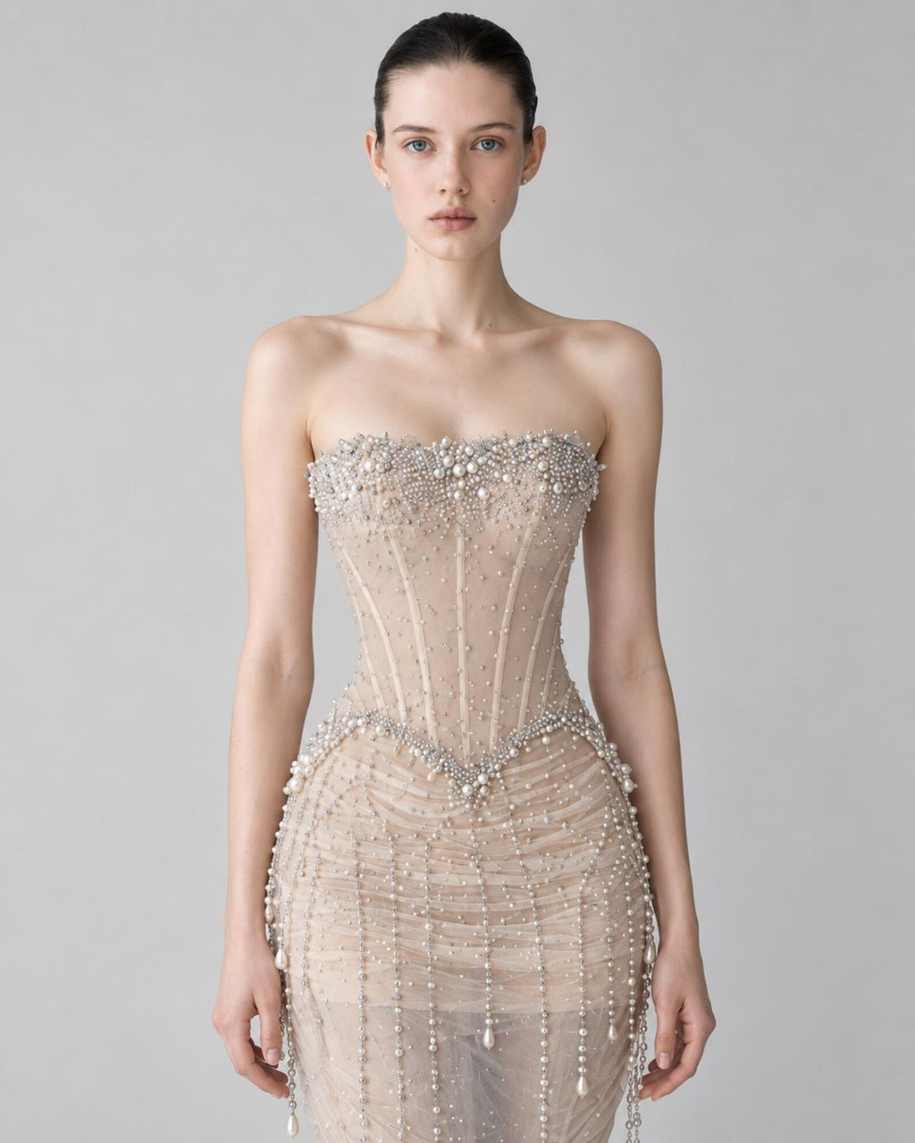 Luxury Beaded Mermaid Wedding Dress, Strapless Corset Sheer Tulle Bridal Gown with Dangling Pearl Chains, Cathedral Train
