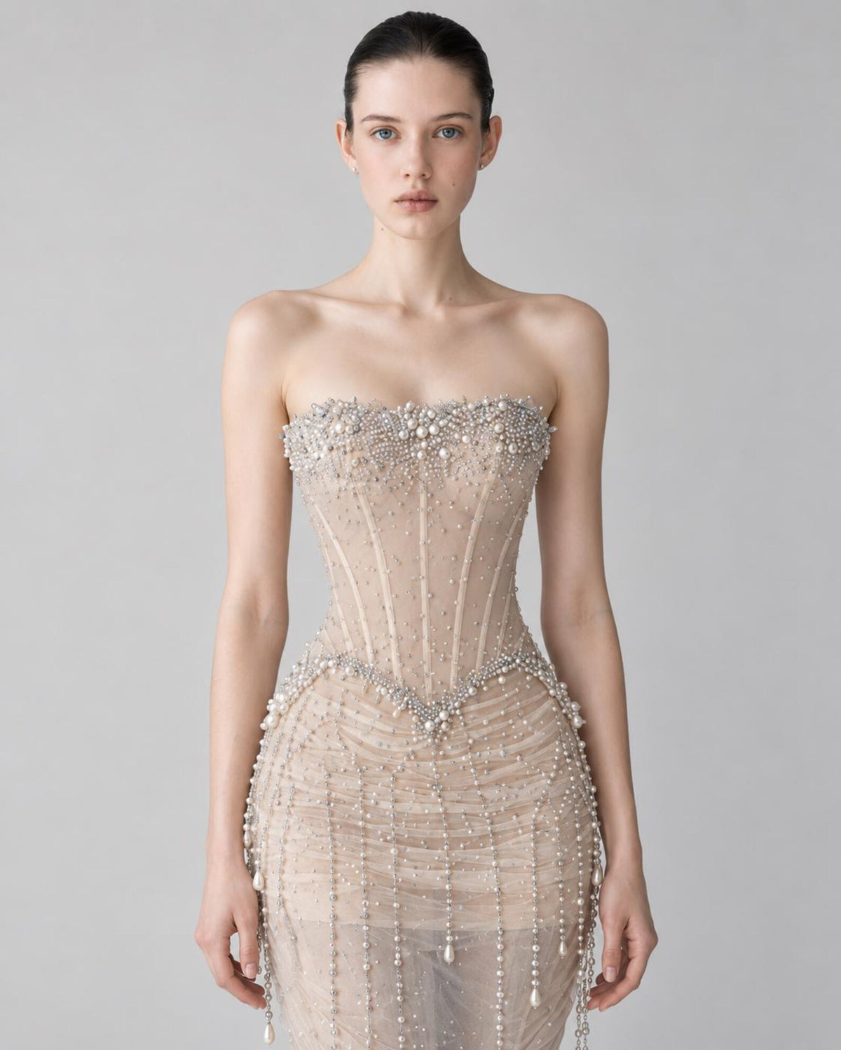 Luxury Beaded Mermaid Wedding Dress, Strapless Corset Sheer Tulle Bridal Gown with Dangling Pearl Chains, Cathedral Train