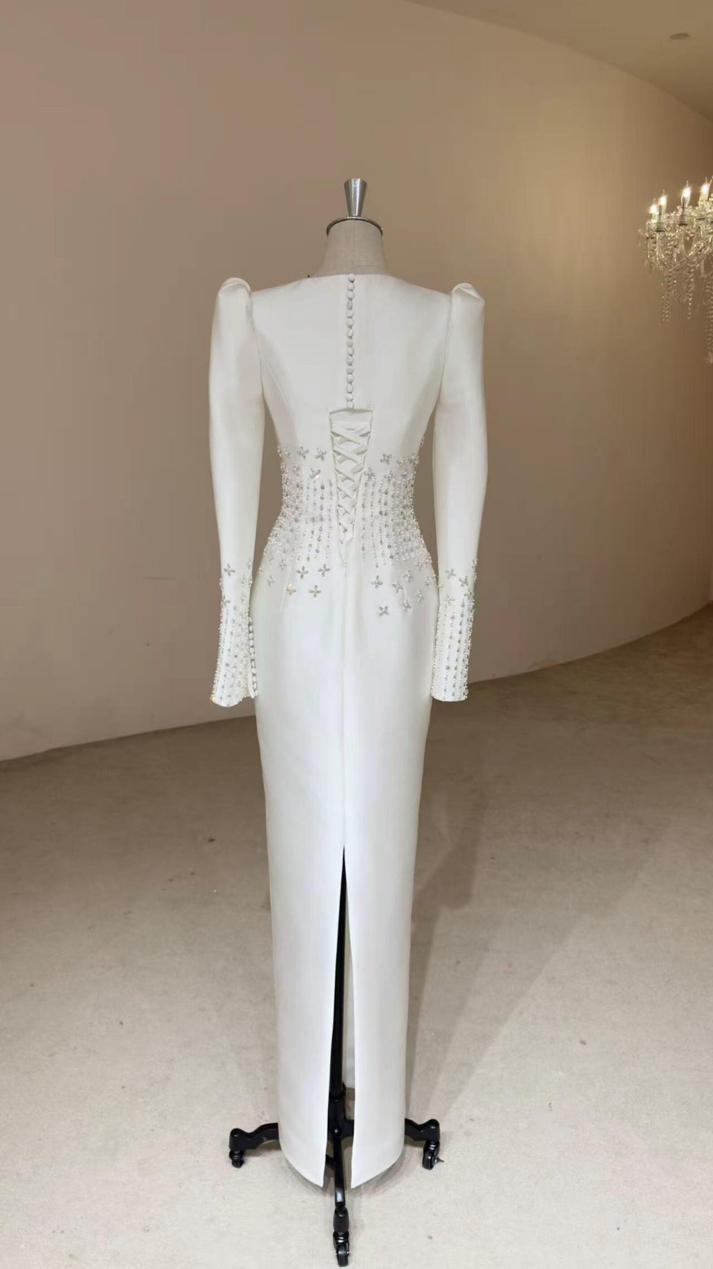 Square Neck Long Sleeve Satin Wedding Gown, Beaded Corset Bridal Dress, Detachable Overskirt Train
