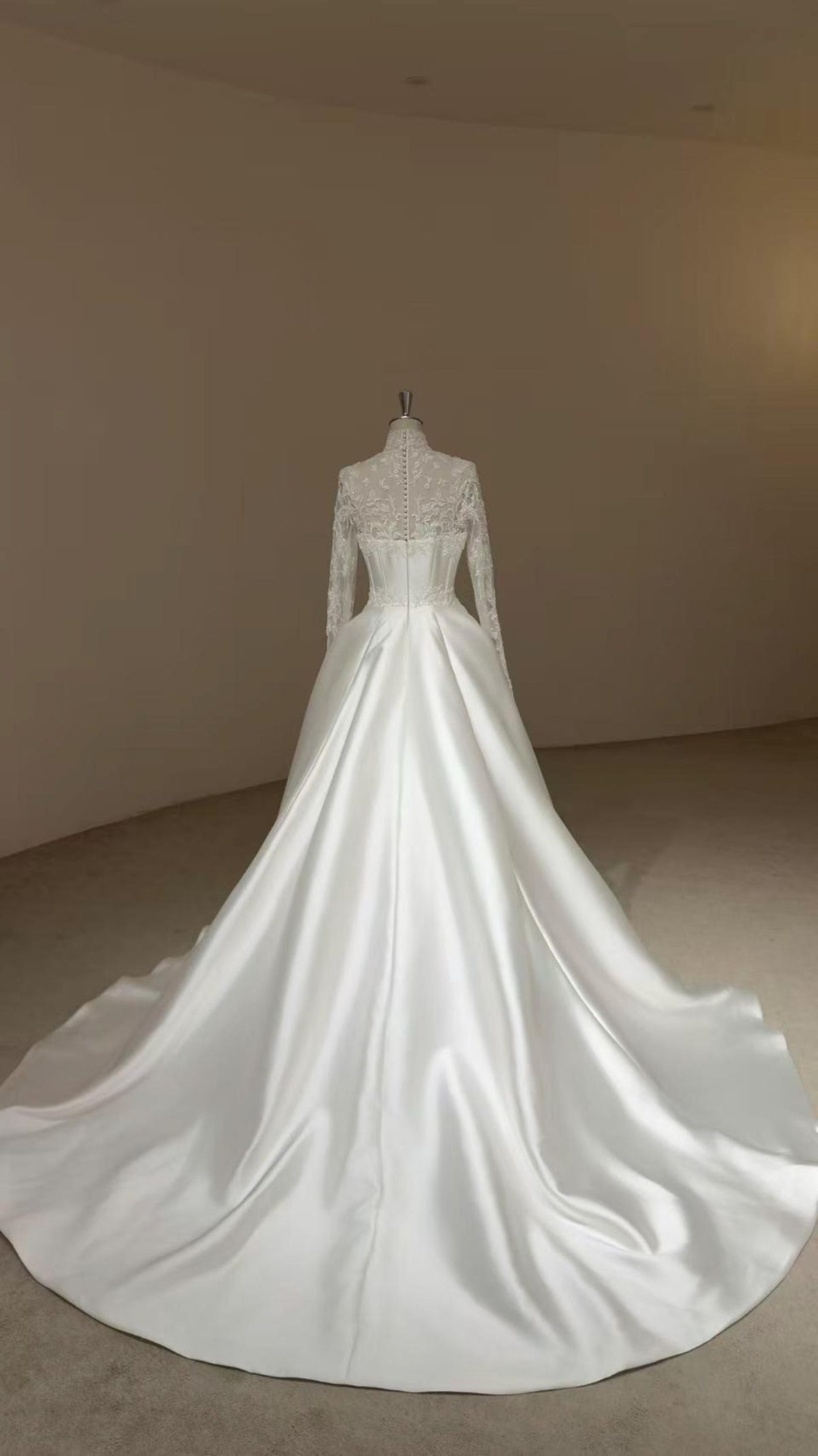 High Neck Lace Long Sleeve Satin Wedding Gown, Sheer Floral Lace Corset Bridal Ballgown