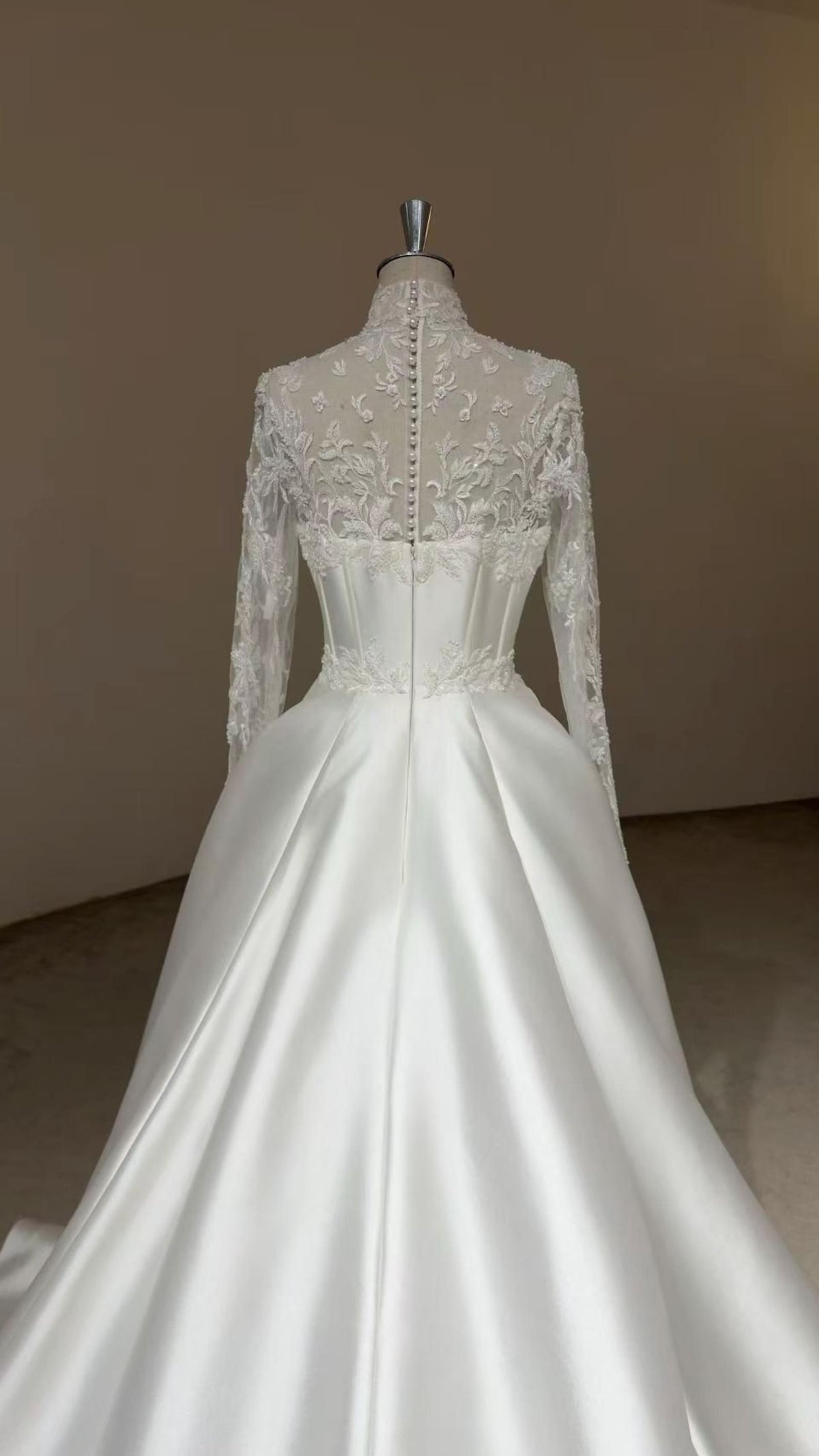 High Neck Lace Long Sleeve Satin Wedding Gown, Sheer Floral Lace Corset Bridal Ballgown