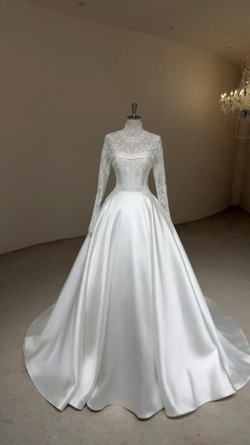 High Neck Lace Long Sleeve Satin Wedding Gown, Sheer Floral Lace Corset Bridal Ballgown