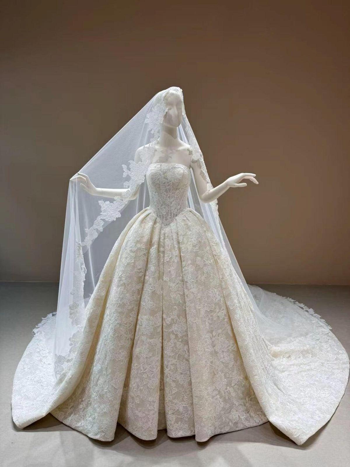 Strapless Full Lace Ballgown Wedding Dress, Vintage Floral Lace Bridal Gown With Lace Veil