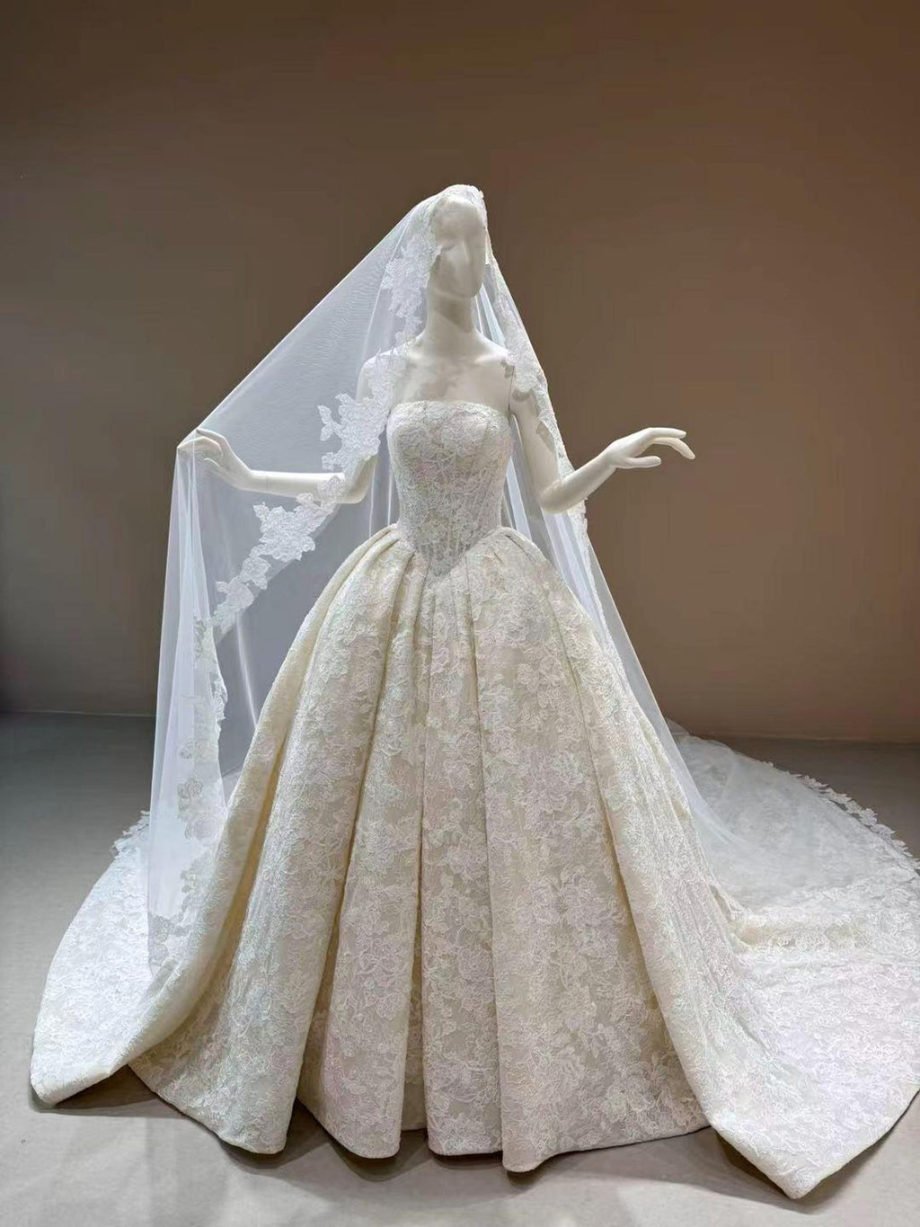 Strapless Full Lace Ballgown Wedding Dress, Vintage Floral Lace Bridal Gown With Lace Veil