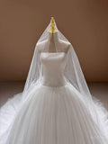 Strapless Beaded Tulle Ballgown Wedding Dress, Sparkling Dotted Cathedral Veil Bridal Gown