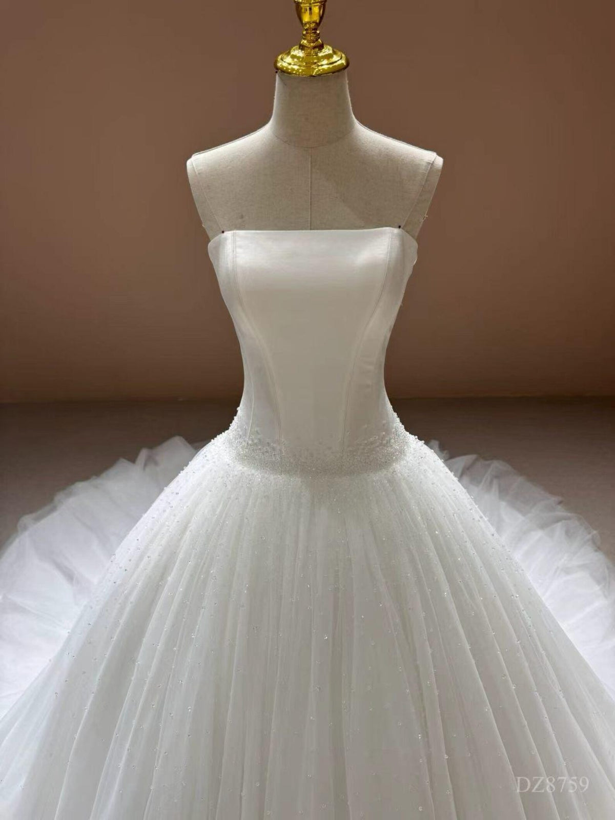 Strapless Beaded Tulle Ballgown Wedding Dress, Sparkling Dotted Cathedral Veil Bridal Gown