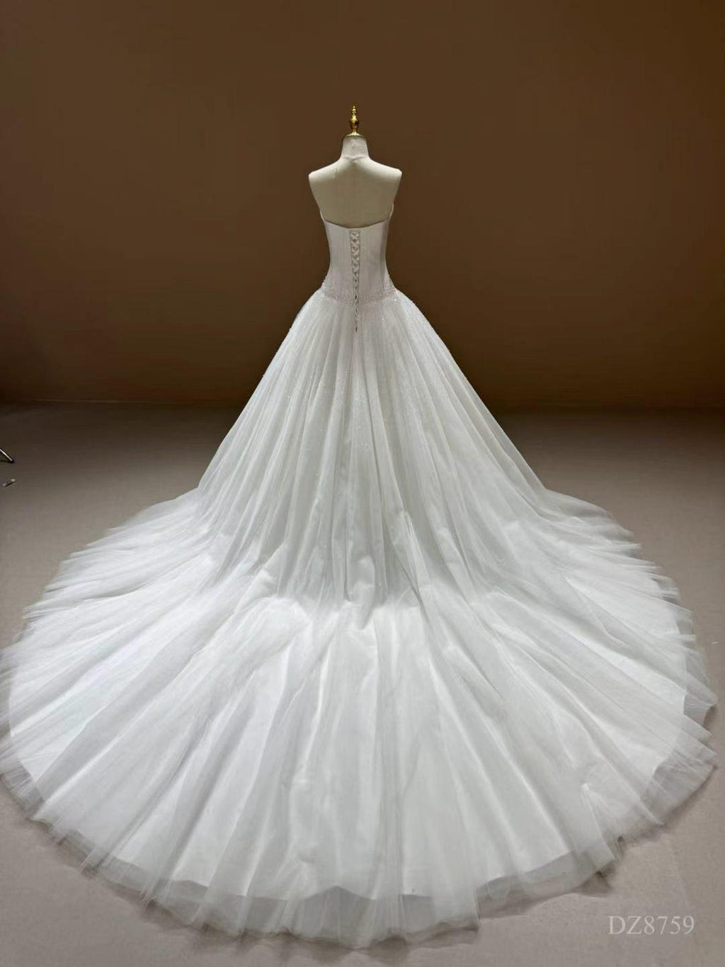 Strapless Beaded Tulle Ballgown Wedding Dress, Sparkling Dotted Cathedral Veil Bridal Gown