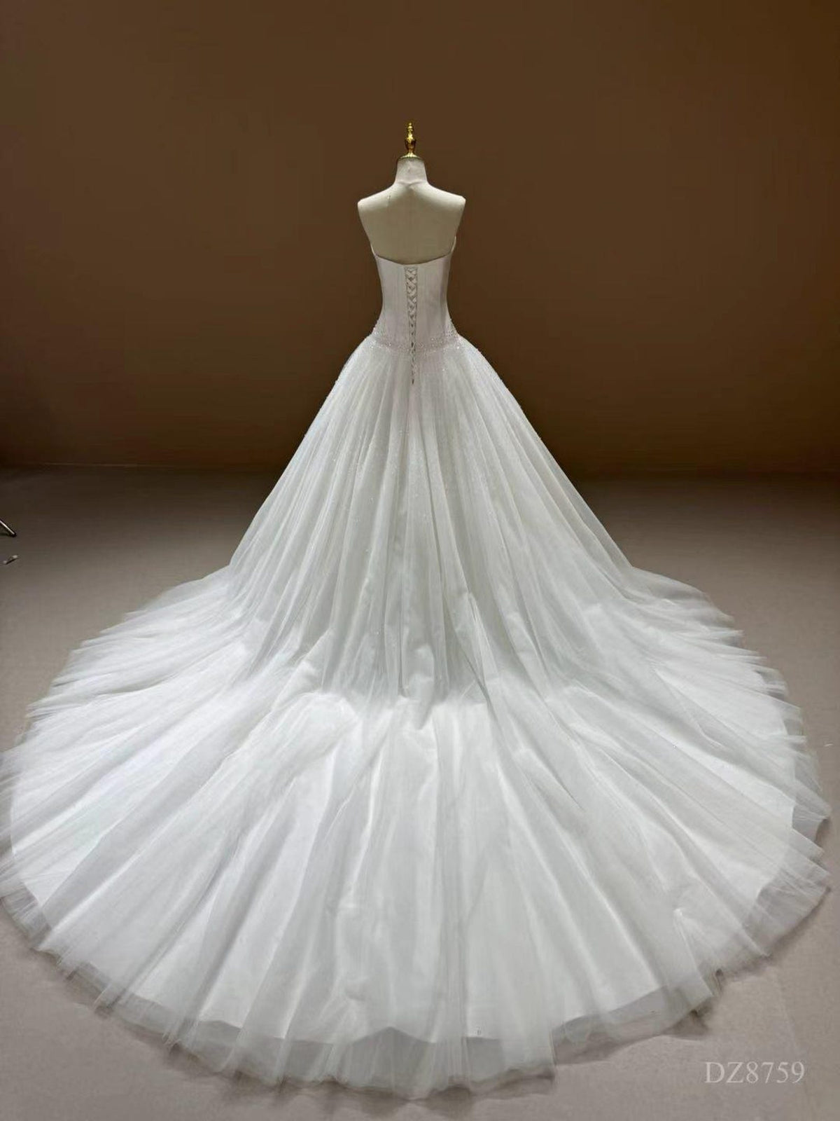 Strapless Beaded Tulle Ballgown Wedding Dress, Sparkling Dotted Cathedral Veil Bridal Gown
