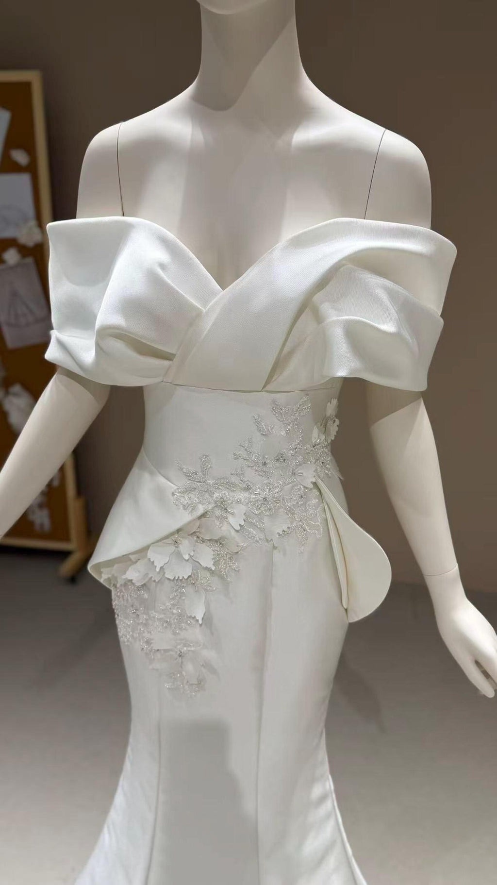 Off Shoulder Mikado Satin Mermaid Wedding Dress, Large Fold Bow Bodice 3D Floral Bridal Gown