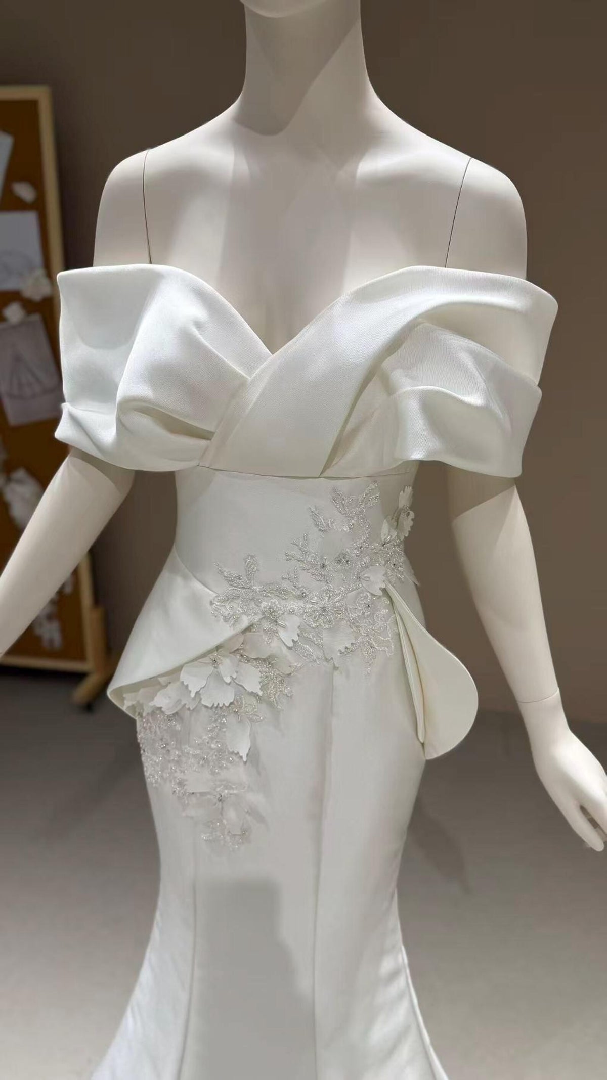Off Shoulder Mikado Satin Mermaid Wedding Dress, Large Fold Bow Bodice 3D Floral Bridal Gown