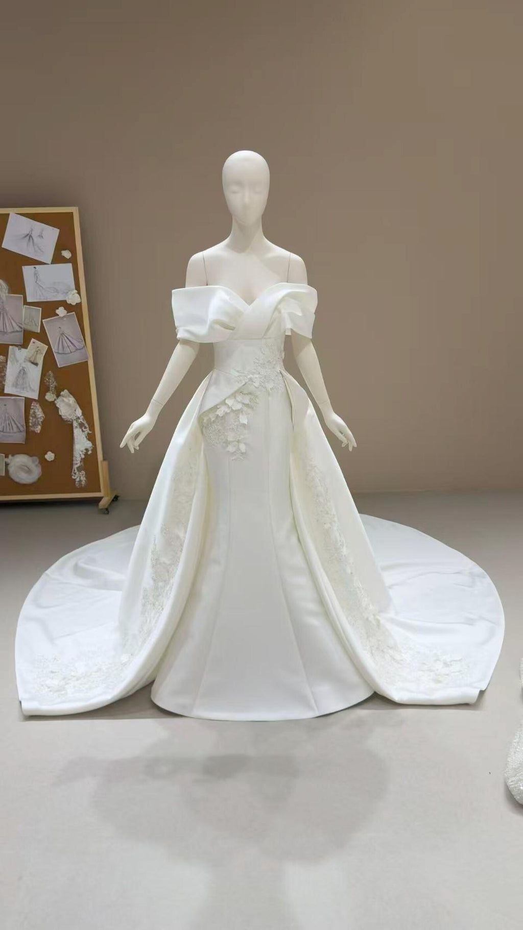 Off Shoulder Mikado Satin Mermaid Wedding Dress, Large Fold Bow Bodice 3D Floral Bridal Gown
