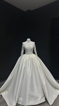 High Neck Beaded Lace Long Sleeve Wedding Dress, Mikado Satin Ballgown Bridal Gown With Train