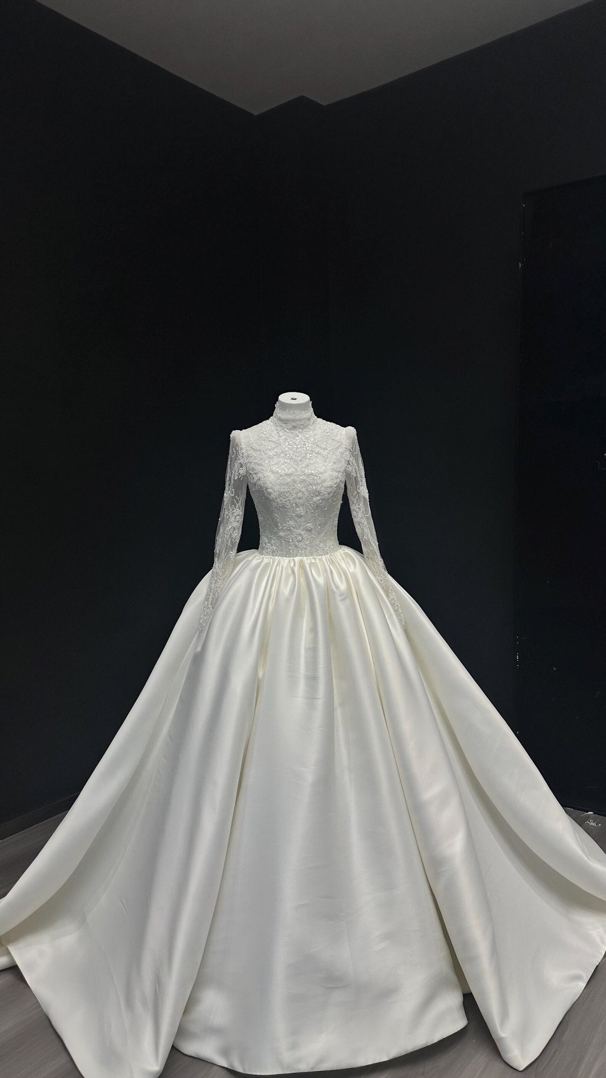 High Neck Beaded Lace Long Sleeve Wedding Dress, Mikado Satin Ballgown Bridal Gown With Train