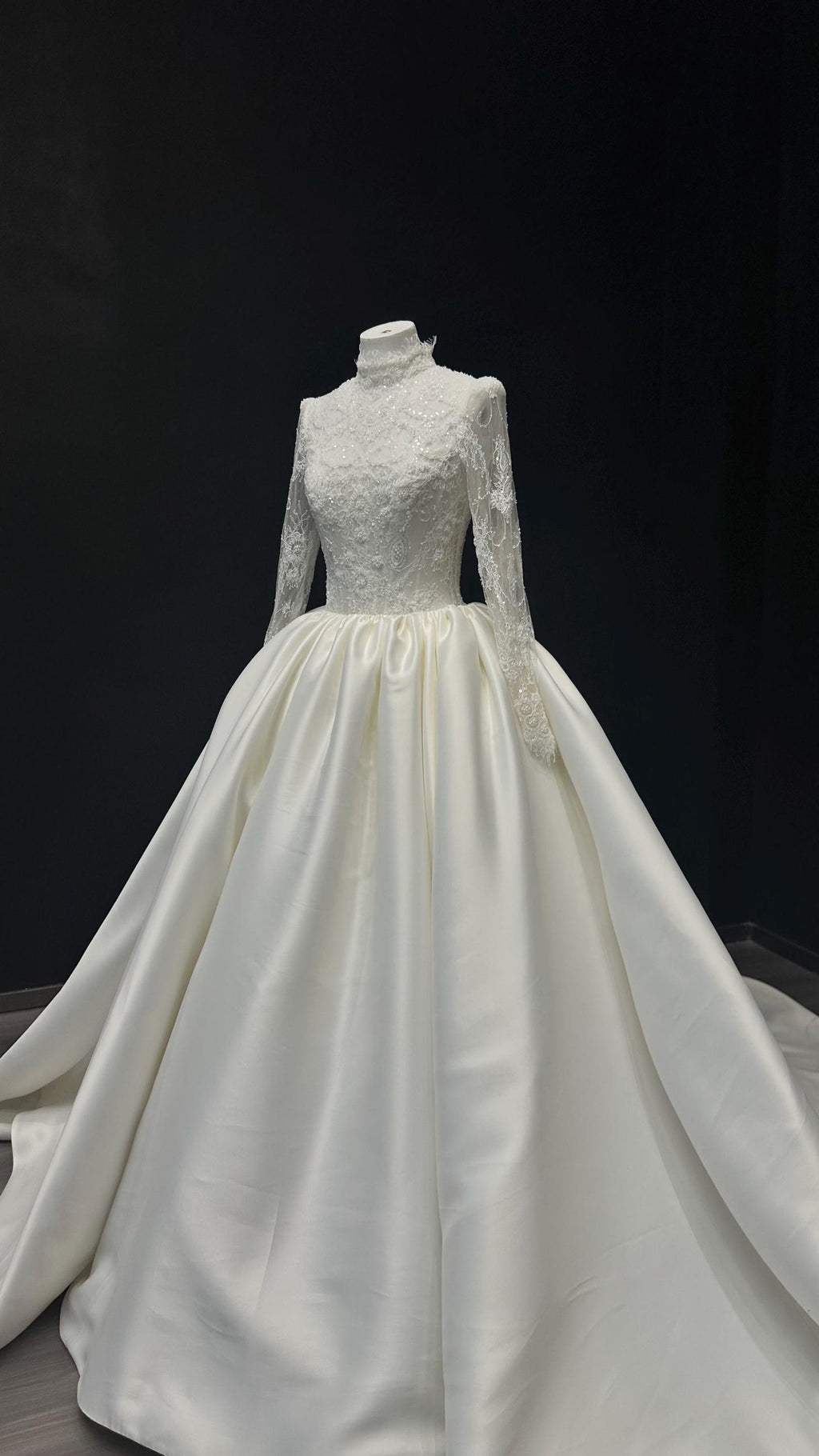 High Neck Beaded Lace Long Sleeve Wedding Dress, Mikado Satin Ballgown Bridal Gown With Train
