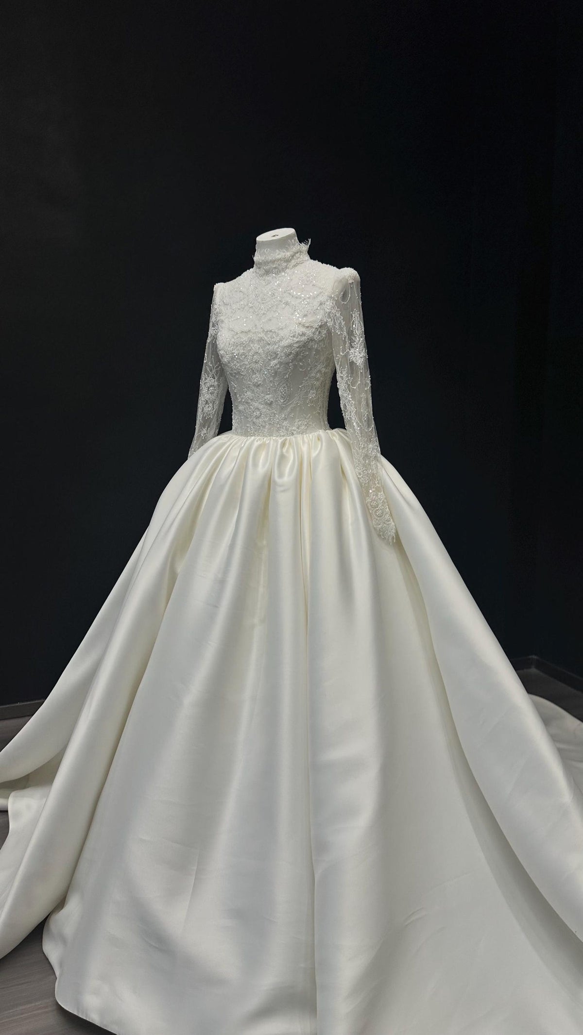 High Neck Beaded Lace Long Sleeve Wedding Dress, Mikado Satin Ballgown Bridal Gown With Train