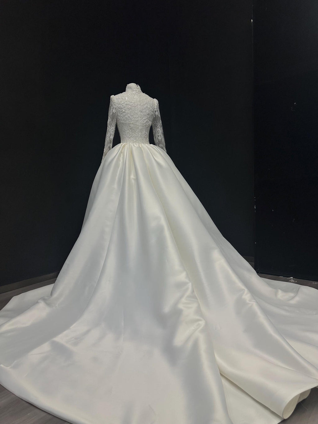 High Neck Beaded Lace Long Sleeve Wedding Dress, Mikado Satin Ballgown Bridal Gown With Train