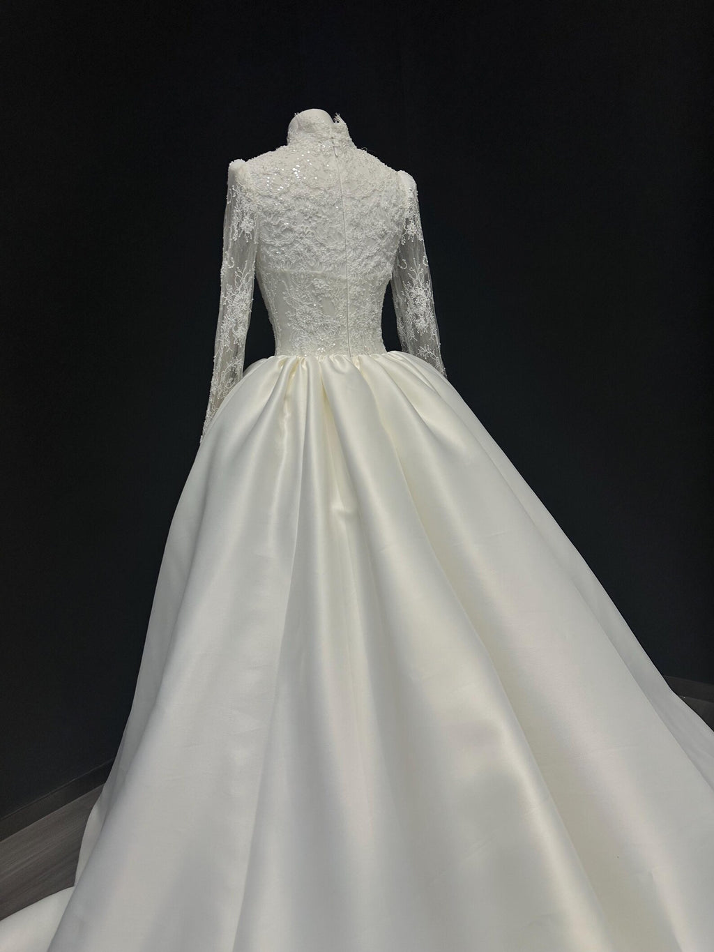 High Neck Beaded Lace Long Sleeve Wedding Dress, Mikado Satin Ballgown Bridal Gown With Train